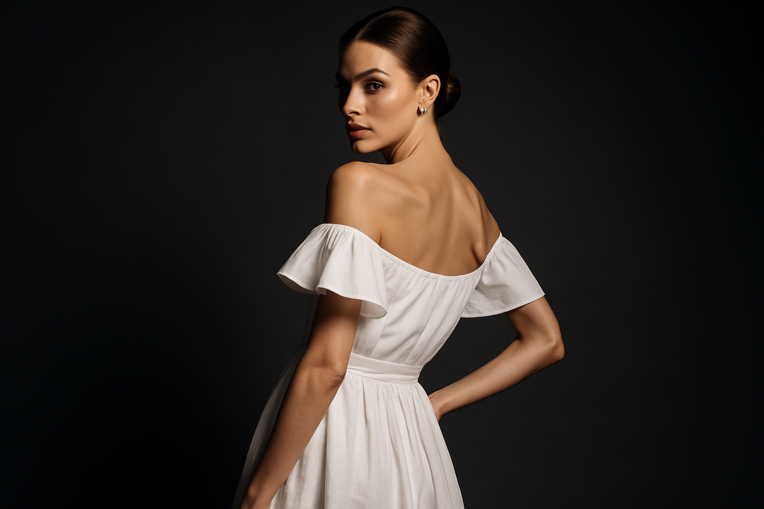 Make the background dark and grey fades studio style theme with premium looking fashion model. Woman above is okay.